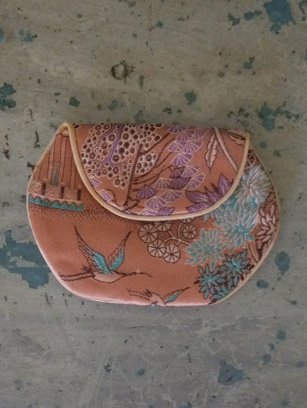 Vintage Japanese Silk Brocade Mini Clutch Pouch Crane Embroidery